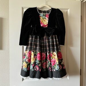 Vintage Daisy Kingdom Floral Tartan Plain Velvet Dress Size 7 Girls EUC